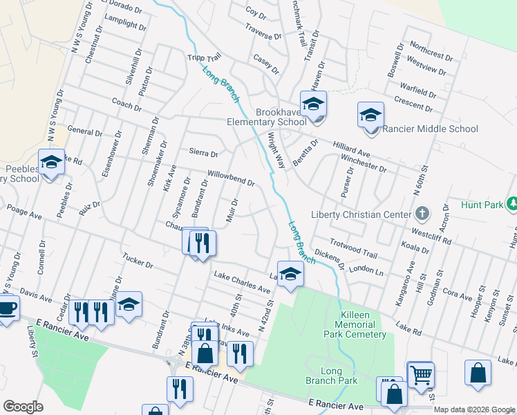 map of restaurants, bars, coffee shops, grocery stores, and more near 3303 Brookbend Drive in Killeen