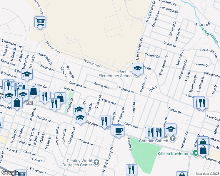 map of restaurants, bars, coffee shops, grocery stores, and more near 1903 Alamo Avenue in Killeen
