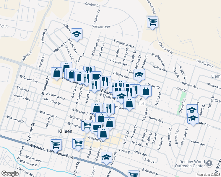 map of restaurants, bars, coffee shops, grocery stores, and more near 1006 North 4th Street in Killeen