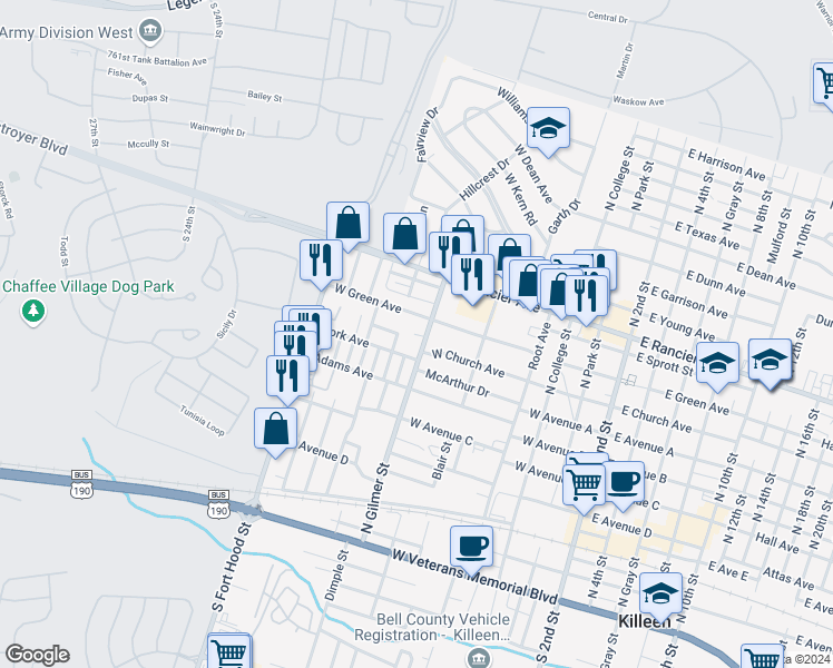 map of restaurants, bars, coffee shops, grocery stores, and more near 608 Wisconsin Street in Killeen