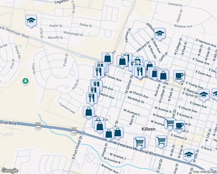 map of restaurants, bars, coffee shops, grocery stores, and more near 603 Murphy Street in Killeen