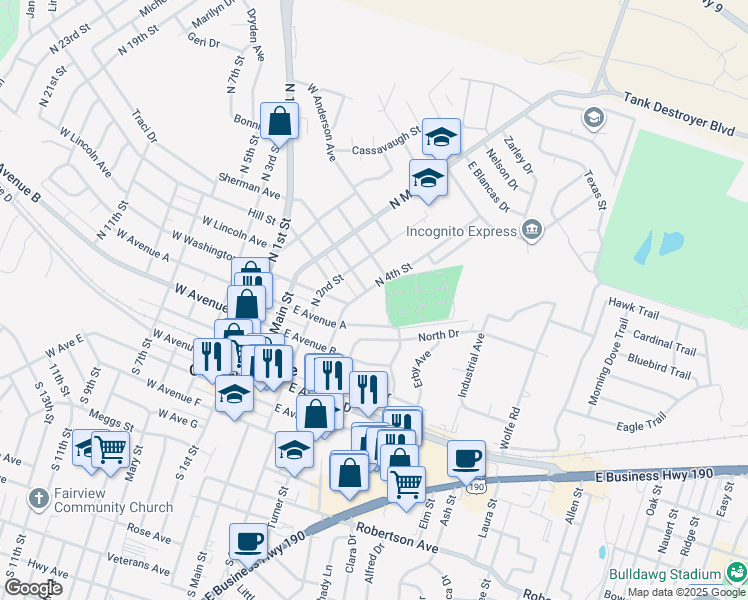 map of restaurants, bars, coffee shops, grocery stores, and more near 702 North 4th Street in Copperas Cove