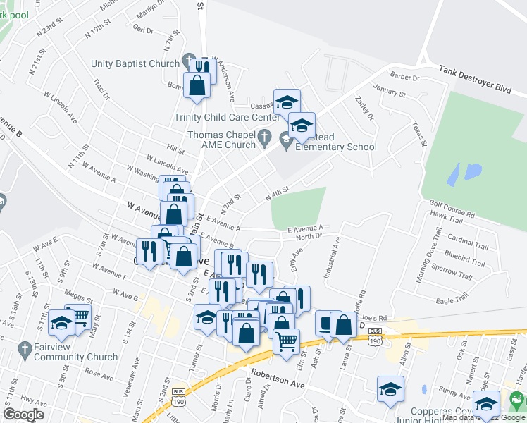 map of restaurants, bars, coffee shops, grocery stores, and more near 702 North 4th Street in Copperas Cove
