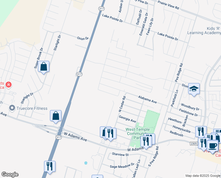 map of restaurants, bars, coffee shops, grocery stores, and more near 230 North Cedar Road in Temple