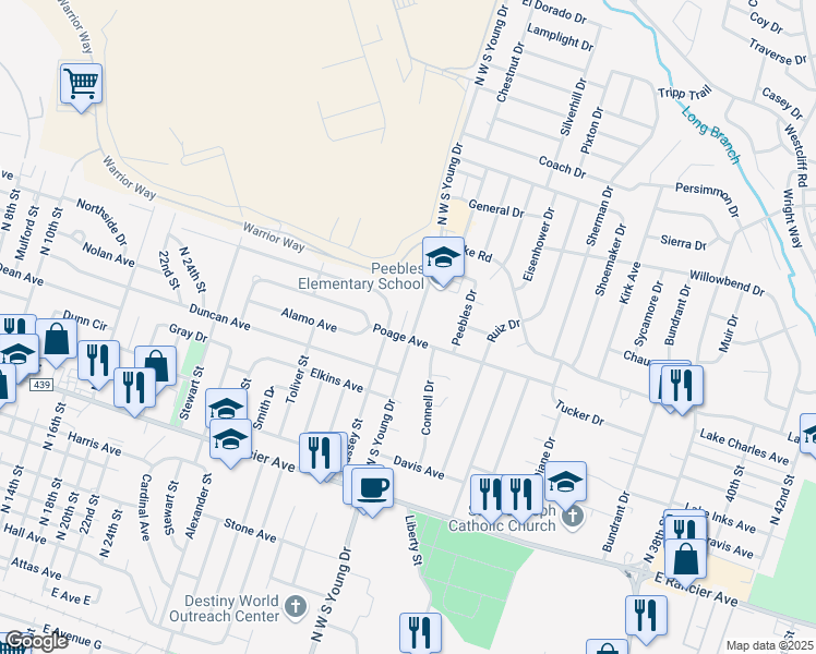 map of restaurants, bars, coffee shops, grocery stores, and more near 1603 North W S Young Drive in Killeen