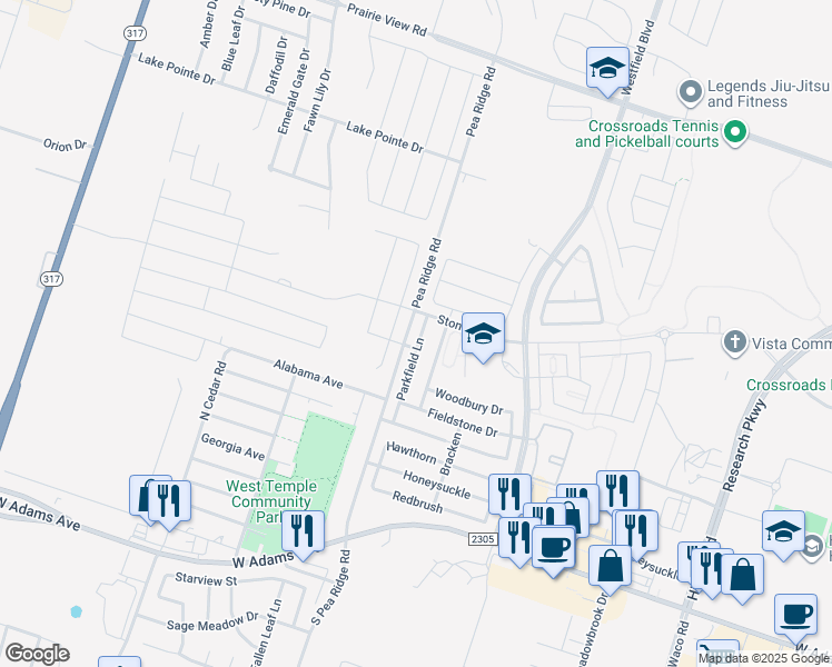 map of restaurants, bars, coffee shops, grocery stores, and more near 651 North Pea Ridge Road in Temple
