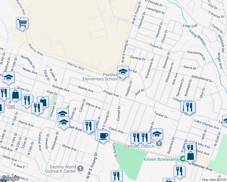 map of restaurants, bars, coffee shops, grocery stores, and more near 1603 North W S Young Drive in Killeen