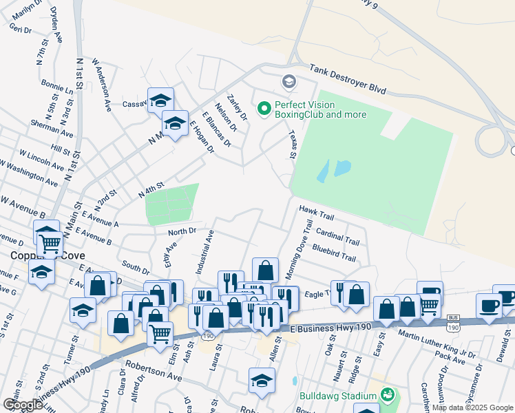 map of restaurants, bars, coffee shops, grocery stores, and more near 1231 Walt Morgan Circle in Copperas Cove