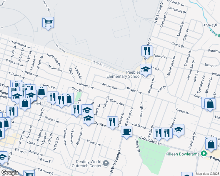 map of restaurants, bars, coffee shops, grocery stores, and more near 1716 Alamo Avenue in Killeen