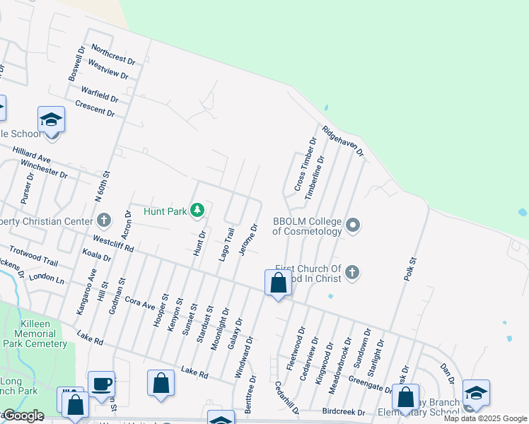 map of restaurants, bars, coffee shops, grocery stores, and more near 2403 Jerome Drive in Killeen
