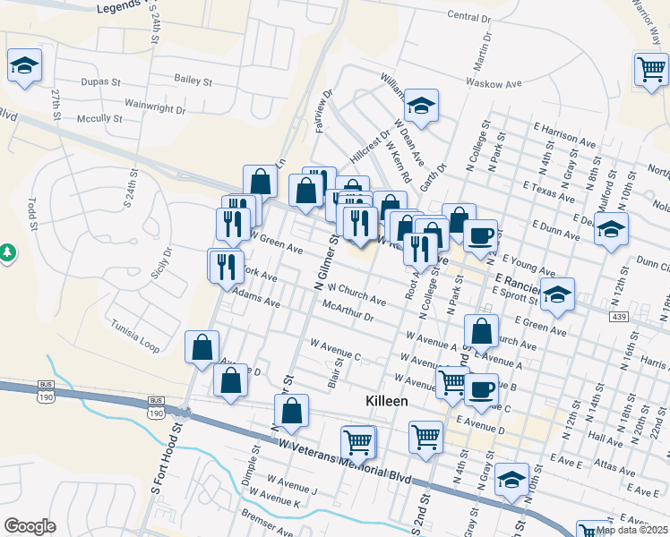 map of restaurants, bars, coffee shops, grocery stores, and more near 718 West Green Avenue in Killeen
