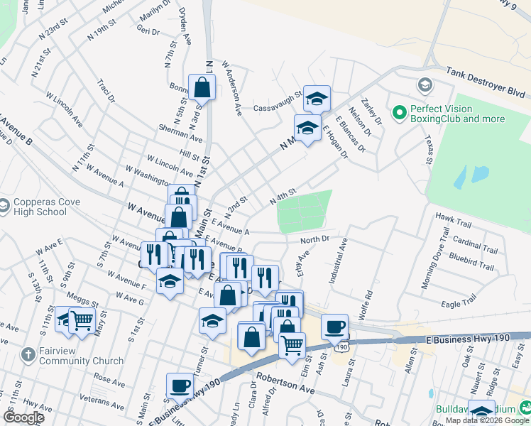 map of restaurants, bars, coffee shops, grocery stores, and more near 702 North 4th Street in Copperas Cove