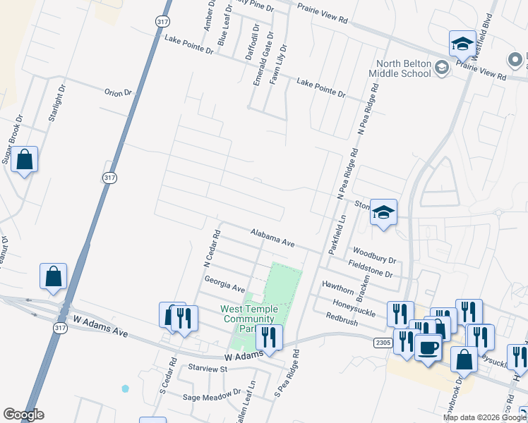 map of restaurants, bars, coffee shops, grocery stores, and more near 8502 Alabama Avenue in Temple