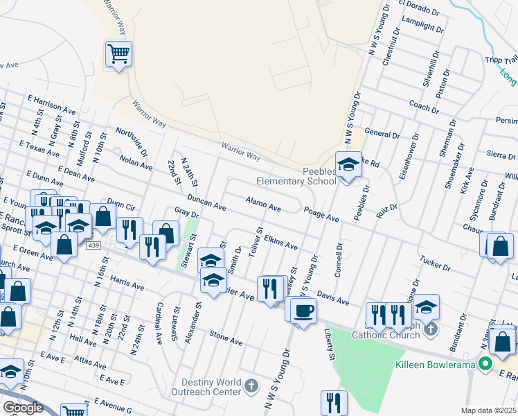 map of restaurants, bars, coffee shops, grocery stores, and more near 1716 Alamo Avenue in Killeen