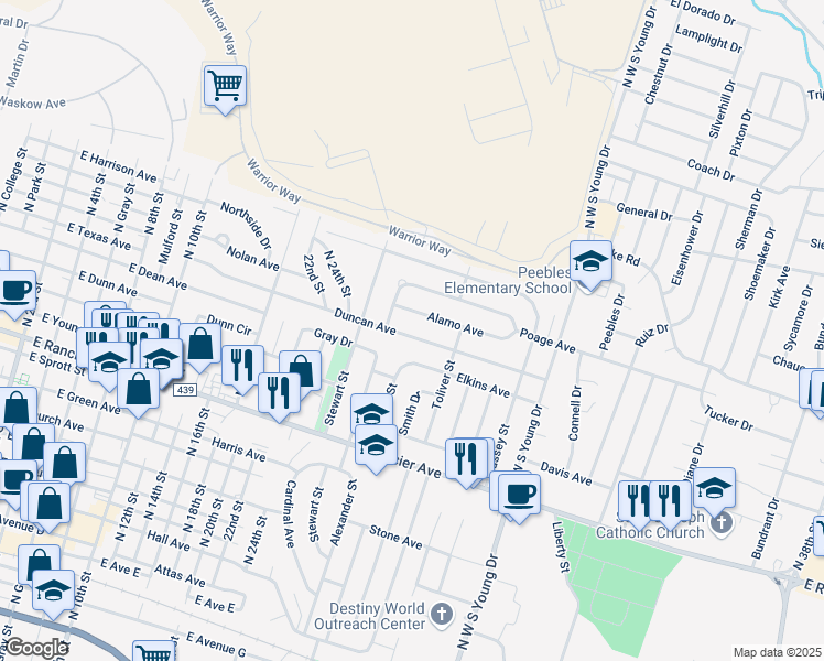 map of restaurants, bars, coffee shops, grocery stores, and more near 1607 Duncan Avenue in Killeen