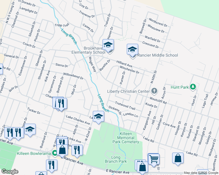 map of restaurants, bars, coffee shops, grocery stores, and more near 2205 Dickens Drive in Killeen