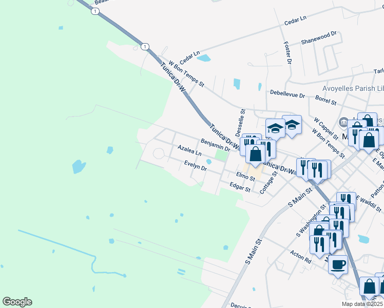 map of restaurants, bars, coffee shops, grocery stores, and more near 717 Azalea Lane in Marksville
