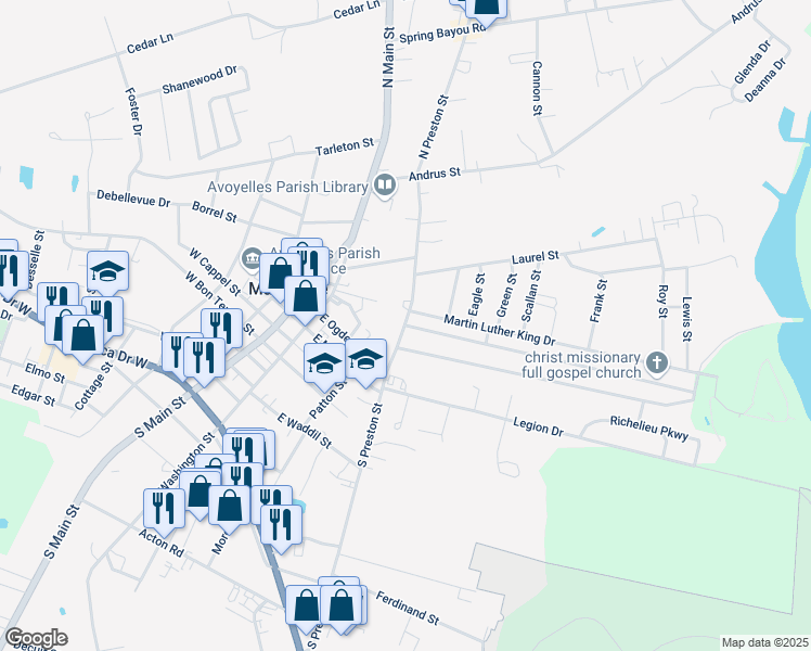 map of restaurants, bars, coffee shops, grocery stores, and more near 101 Brouillette Street in Marksville