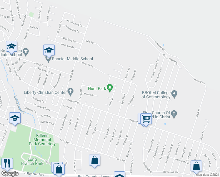 map of restaurants, bars, coffee shops, grocery stores, and more near 4503 Mountain View Drive in Killeen