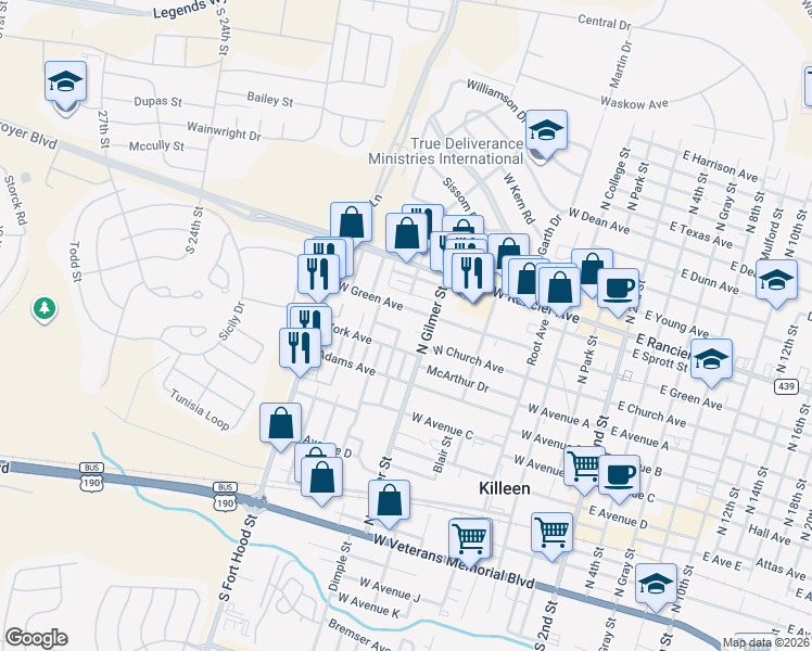 map of restaurants, bars, coffee shops, grocery stores, and more near 608 Wisconsin Street in Killeen