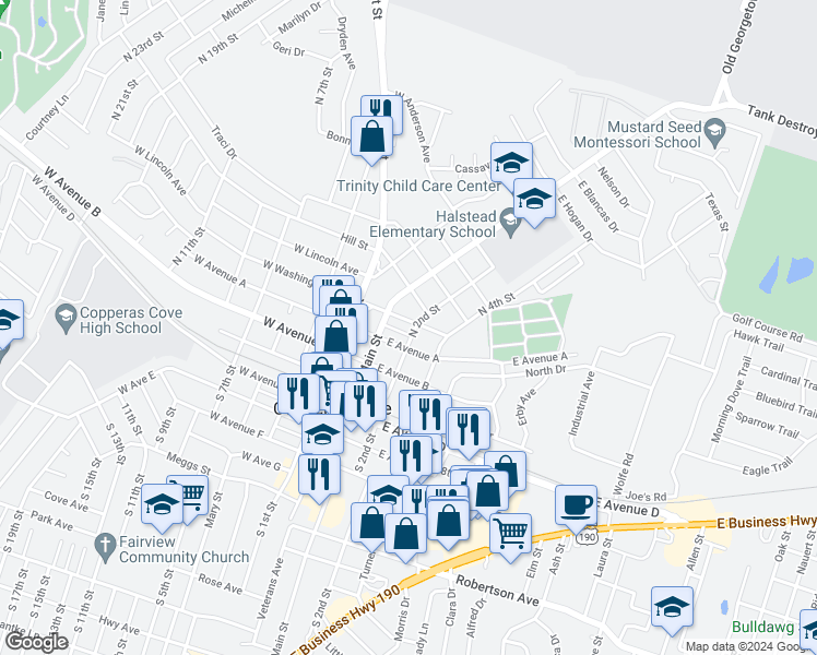 map of restaurants, bars, coffee shops, grocery stores, and more near 407 North 2nd Street in Copperas Cove
