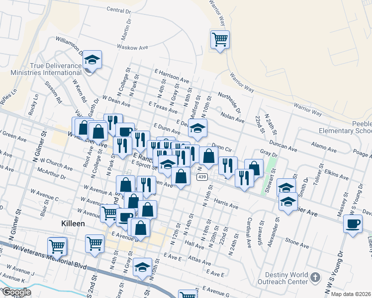 map of restaurants, bars, coffee shops, grocery stores, and more near 1009 North 10th Street in Killeen