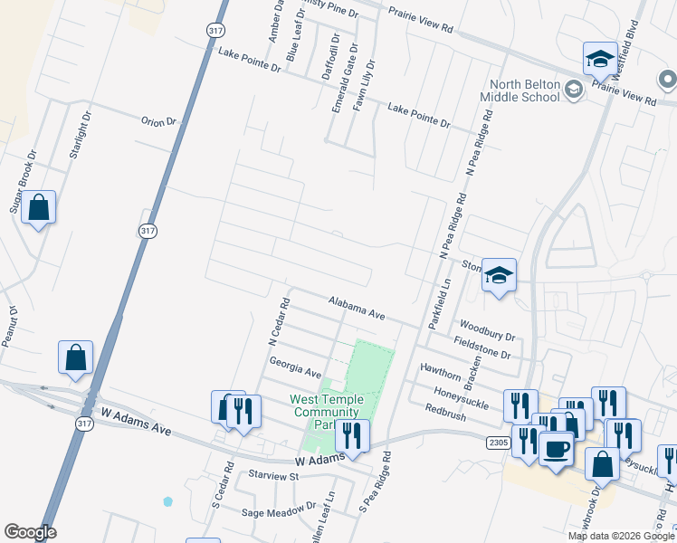 map of restaurants, bars, coffee shops, grocery stores, and more near 8502 Alabama Avenue in Temple