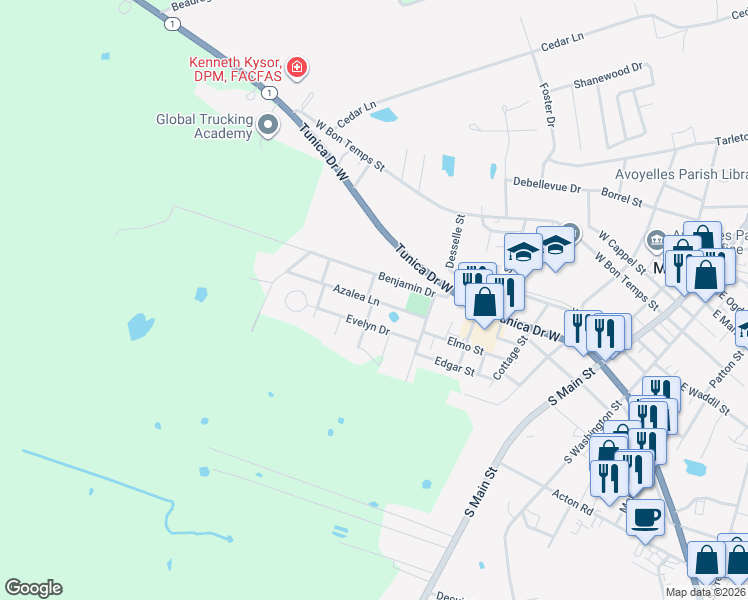 map of restaurants, bars, coffee shops, grocery stores, and more near Marigold Street in Marksville