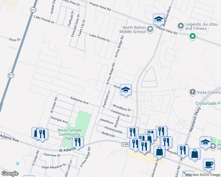 map of restaurants, bars, coffee shops, grocery stores, and more near 651 North Pea Ridge Road in Temple