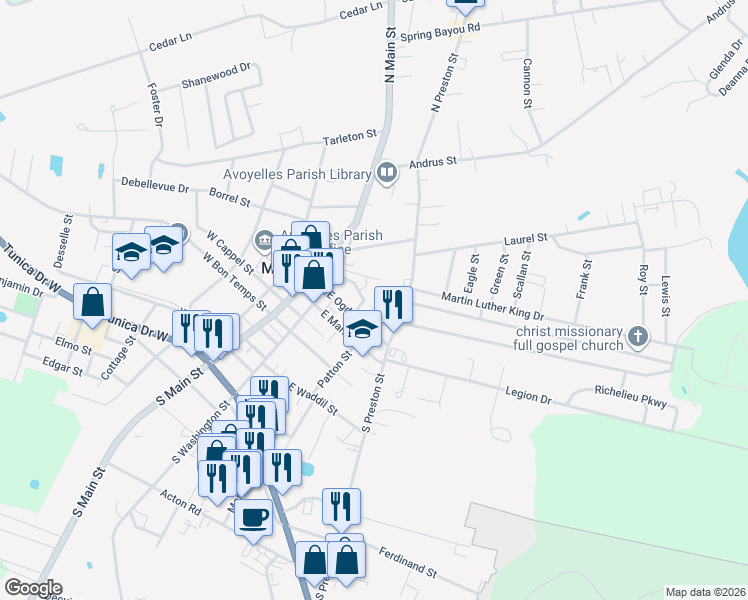map of restaurants, bars, coffee shops, grocery stores, and more near 199-243 North Preston Street in Marksville