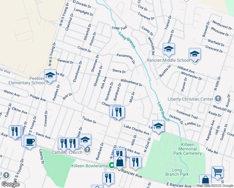 map of restaurants, bars, coffee shops, grocery stores, and more near 1813 North 38th Street in Killeen