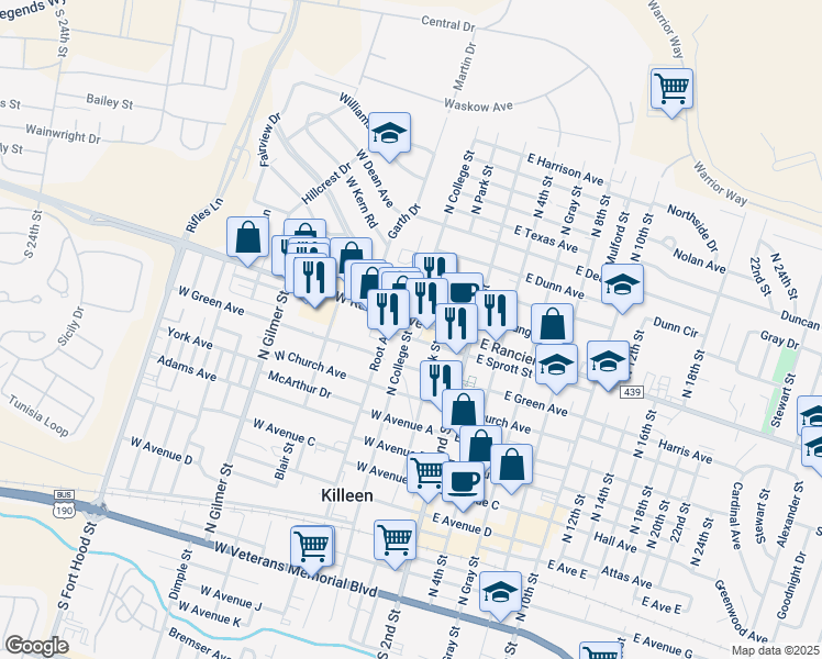 map of restaurants, bars, coffee shops, grocery stores, and more near 901 North College Street in Killeen