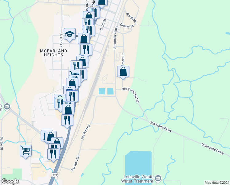 map of restaurants, bars, coffee shops, grocery stores, and more near 101-151 Red Town Road in Leesville