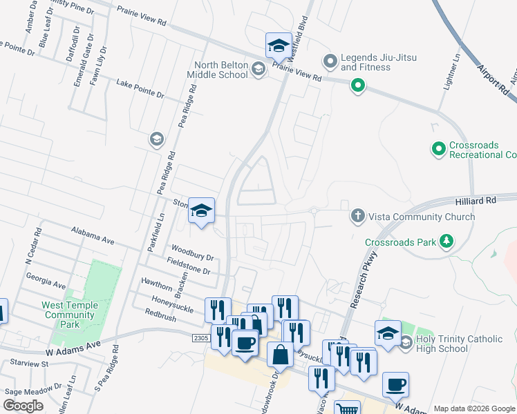 map of restaurants, bars, coffee shops, grocery stores, and more near 1136 Spring Terrace Loop in Temple