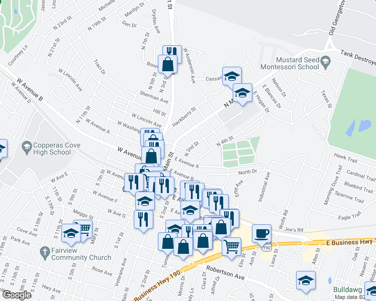 map of restaurants, bars, coffee shops, grocery stores, and more near 498 North 2nd Street in Copperas Cove