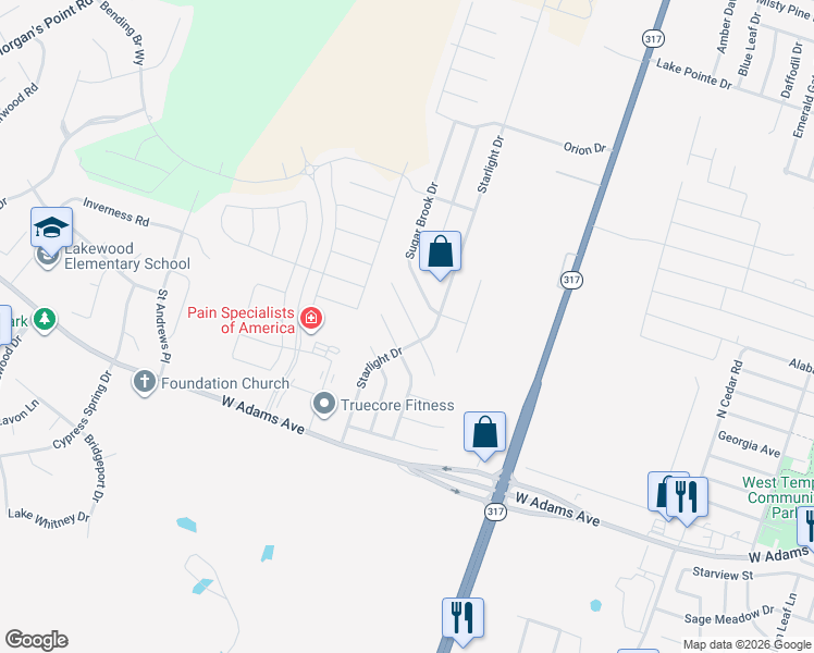 map of restaurants, bars, coffee shops, grocery stores, and more near 512 Weeping Willow Drive in Temple