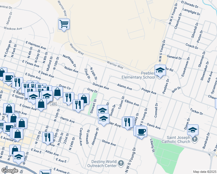 map of restaurants, bars, coffee shops, grocery stores, and more near 1410 Duncan Avenue in Killeen