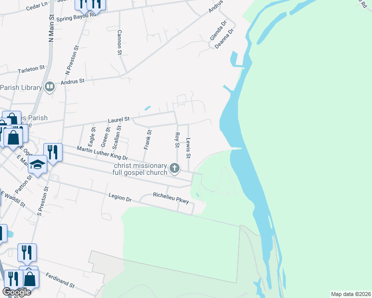 map of restaurants, bars, coffee shops, grocery stores, and more near 461 Lewis Street in Marksville