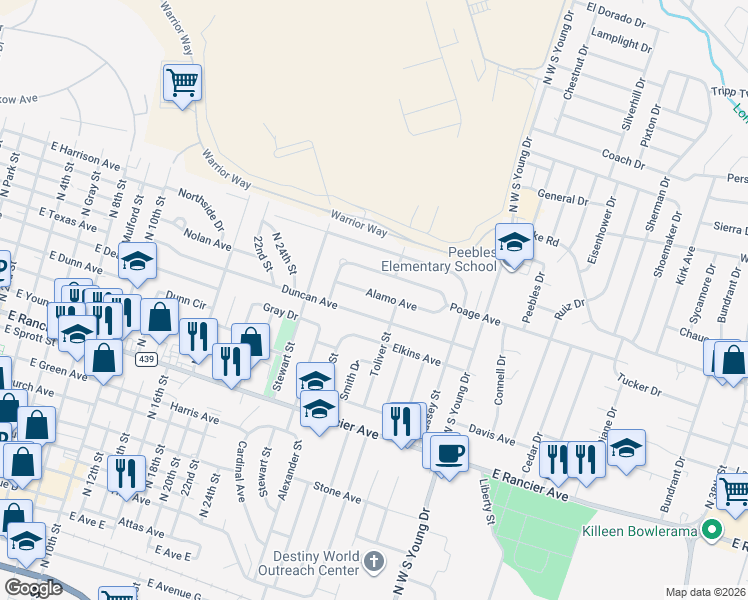 map of restaurants, bars, coffee shops, grocery stores, and more near 1607 Duncan Avenue in Killeen