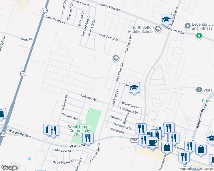 map of restaurants, bars, coffee shops, grocery stores, and more near 528 Parkfield Lane in Temple