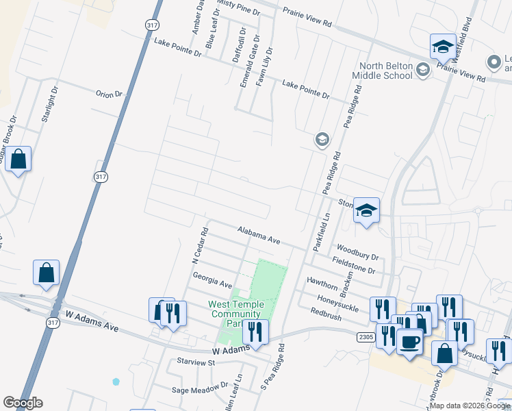 map of restaurants, bars, coffee shops, grocery stores, and more near 8502 Alabama Avenue in Temple