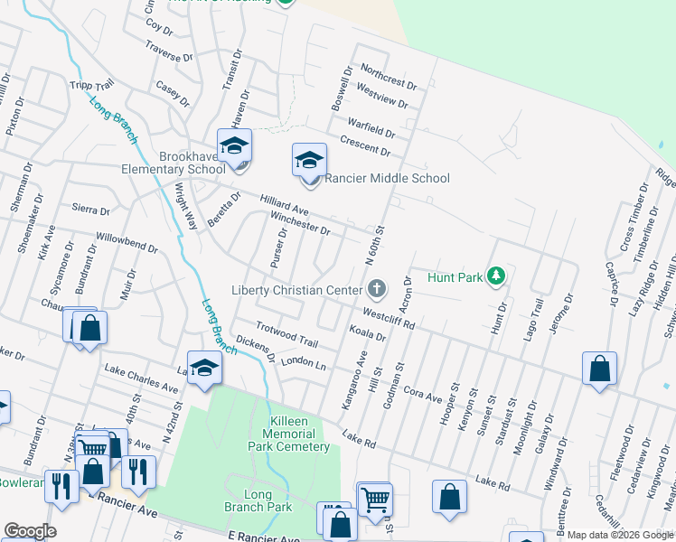 map of restaurants, bars, coffee shops, grocery stores, and more near 2402 Magnum Circle in Killeen