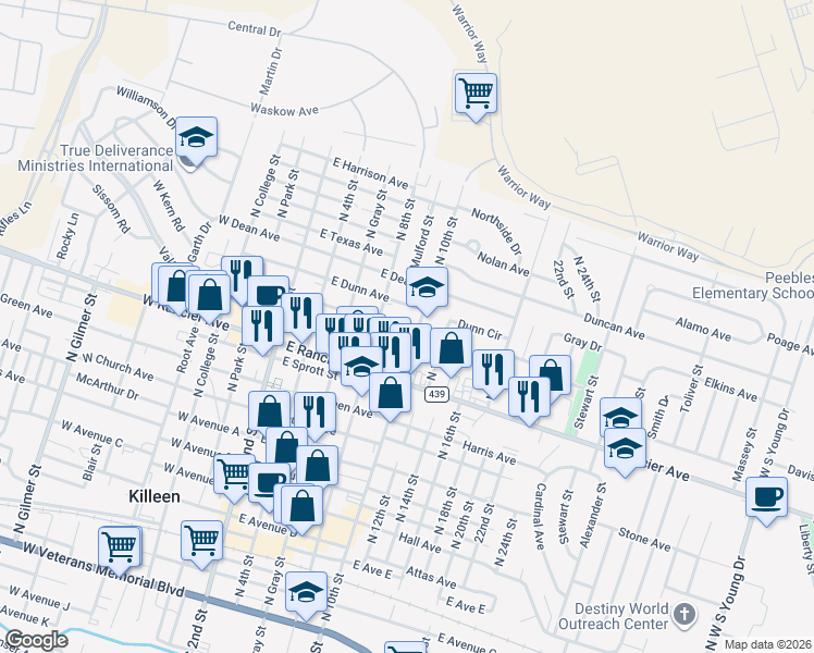 map of restaurants, bars, coffee shops, grocery stores, and more near 1009 North 10th Street in Killeen