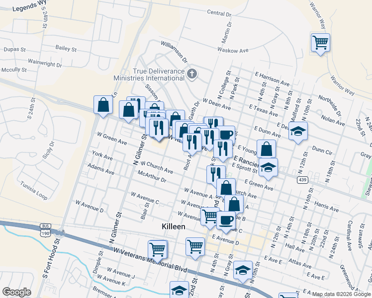map of restaurants, bars, coffee shops, grocery stores, and more near 411 West Green Avenue in Killeen