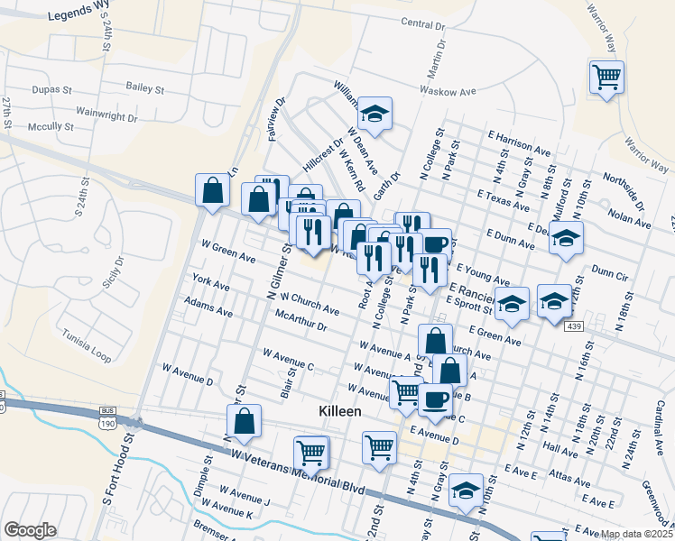 map of restaurants, bars, coffee shops, grocery stores, and more near 514 West Green Avenue in Killeen