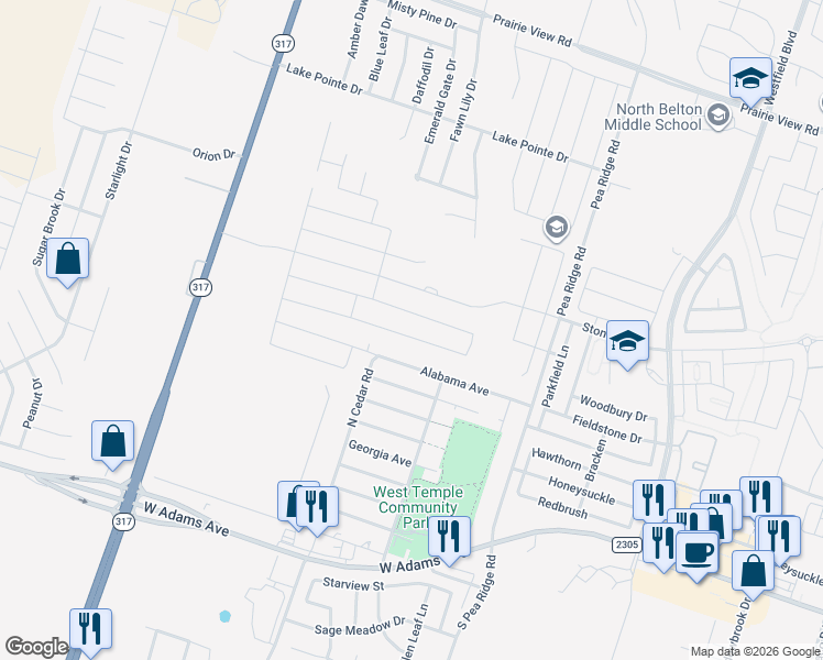 map of restaurants, bars, coffee shops, grocery stores, and more near 8612 Alabama Avenue in Temple