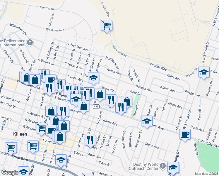 map of restaurants, bars, coffee shops, grocery stores, and more near 1105 North 18th Street in Killeen