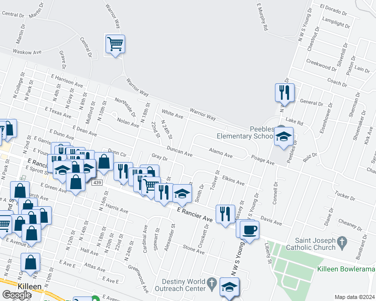 map of restaurants, bars, coffee shops, grocery stores, and more near 1411 Duncan Avenue in Killeen