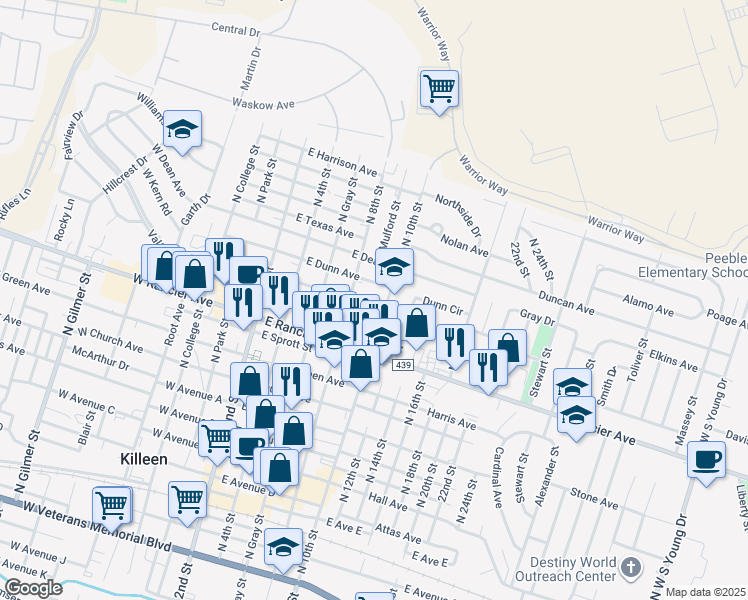 map of restaurants, bars, coffee shops, grocery stores, and more near 1009 North 10th Street in Killeen