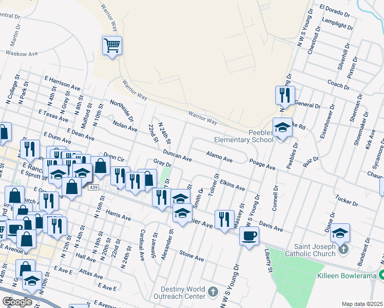 map of restaurants, bars, coffee shops, grocery stores, and more near 1410 Duncan Avenue in Killeen